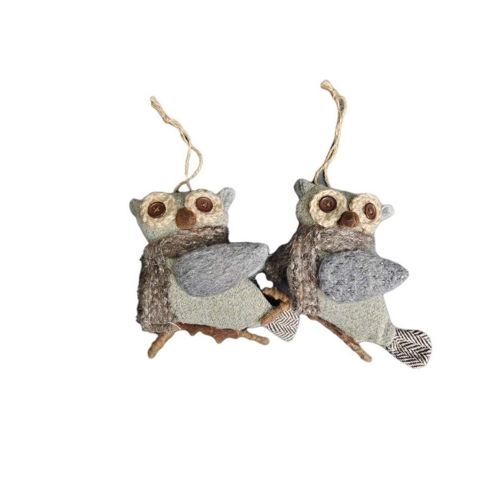 2x Kohls Fabric Plush Stuffed Gray Patchwork Owl on Branch Christmas Ornament 4"